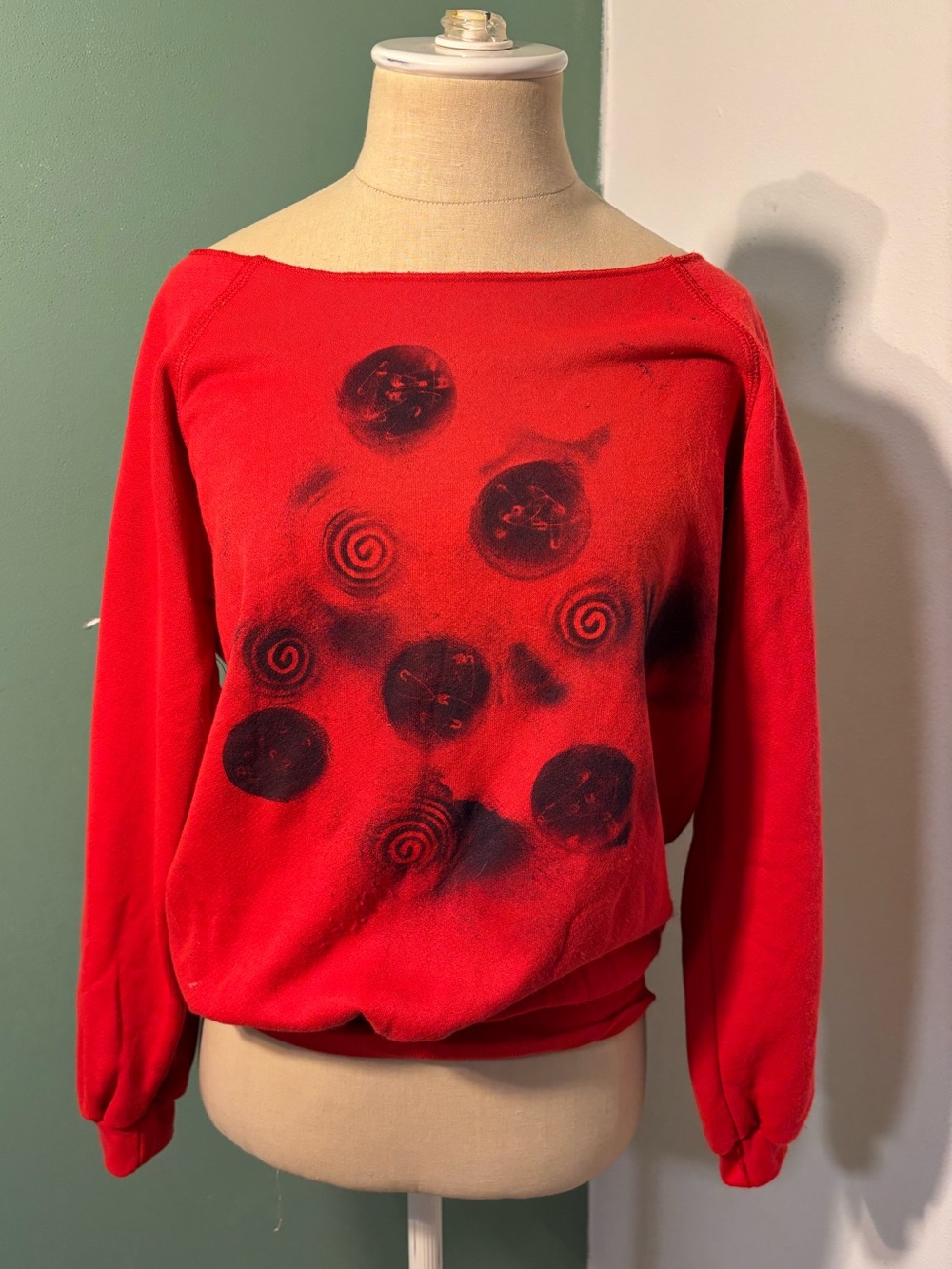 Vintage 1980’s Red Women's Scoop-Neck Sweatshirt with Abstract Print